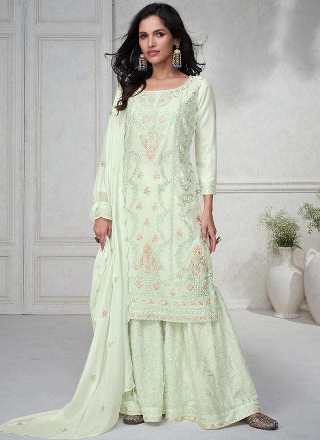 Chinnon Silk Pista Green Eid Wear Embroidery Work Readymade Palazzo Suit